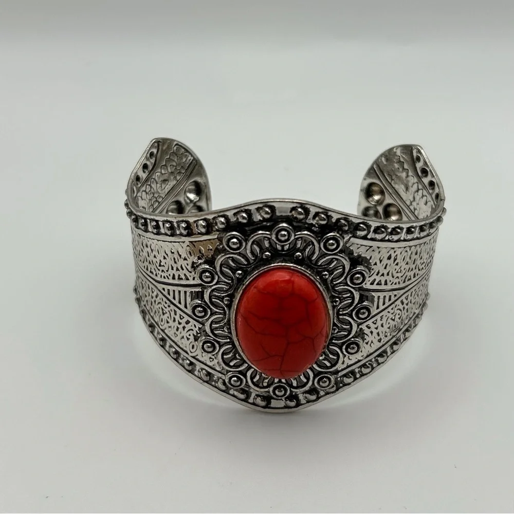 Boho Silver Tone Studded Ornate Cuff Bracelet with Faux Vibrant Orange Stone